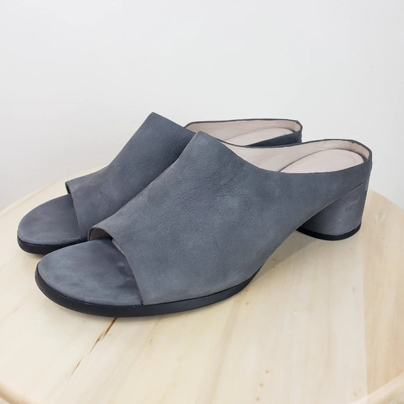 Ecco Women’s Size 10 Round Chunky Heel Slide Sandal Gray Leather Suede Open Toe - Picture 2 of 14